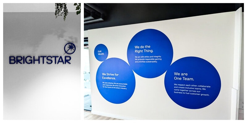 A collage of the Brightstar wall graphic signage and wall graphic of the pillars of the company.